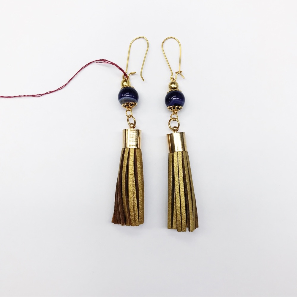 Gold Leather Tassel Earrings